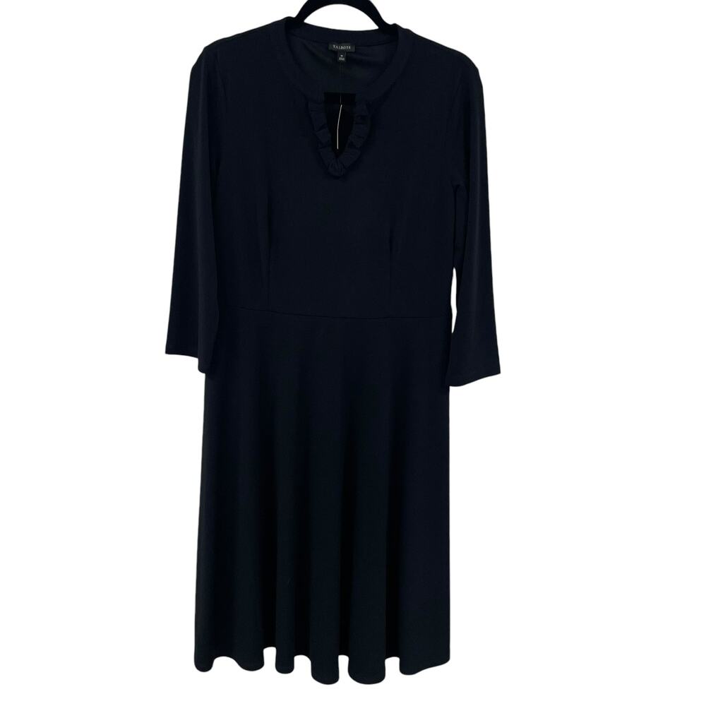 NWT Talbots Ruffle Split Neck Black Knee Length Stretch Dress Womens Medium